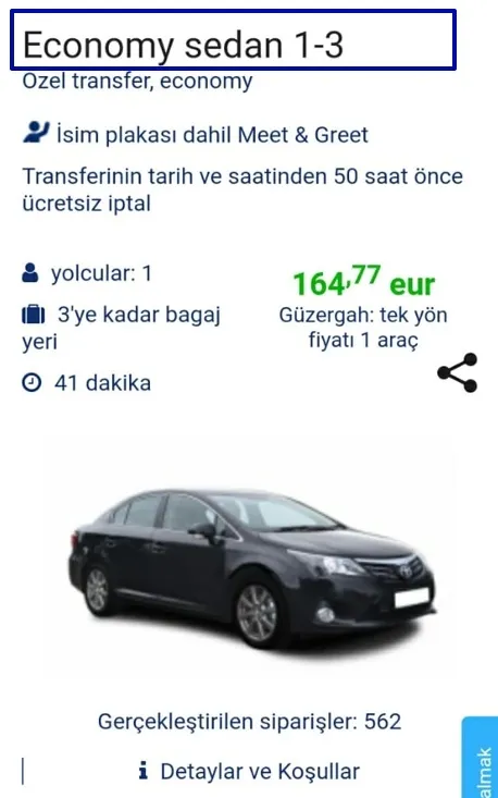 Kişisel transfer için araba sınıfı