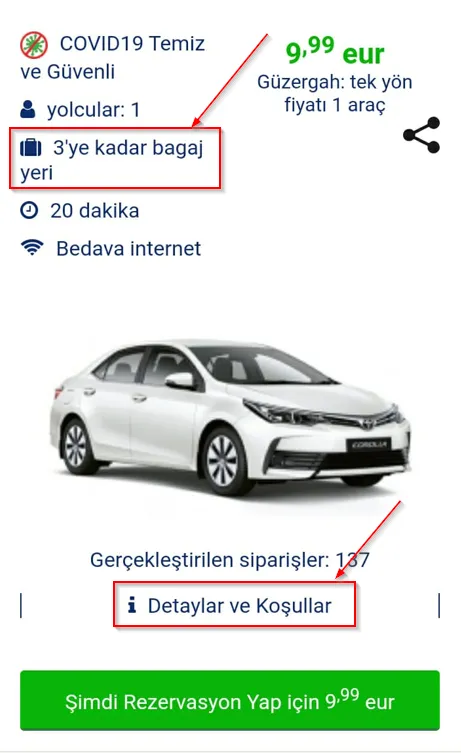 Aracın açıklamasını içeren site sayfasının bir parçası.
