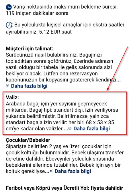 Araba ile transfer açıklamasında bagaj hakkı