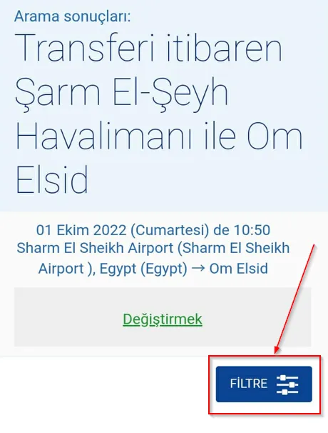 Bagajla transfer teklifi seçmek için filtreler